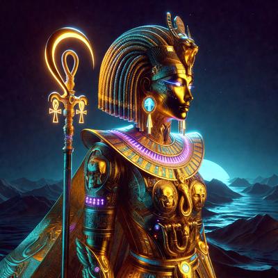 The primary subject of the image is a woman wearing a gold and purple costume, standing in front of a backdrop of a mountain range. The visual style of the image is digital art, with the woman appearing to be a digital illustration or drawing. The colors in the image are predominantly gold and purple, giving the scene a regal and majestic atmosphere.